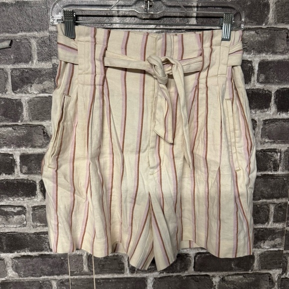 By Anthropologie Edisto Paperbag-Waisted Shorts cream brown pink stripe linen - Picture 2 of 11